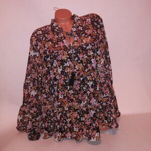 Grace & Karma Blouse Womens Boho Hippie Brown Floral Sheer Overlay Ruffle New